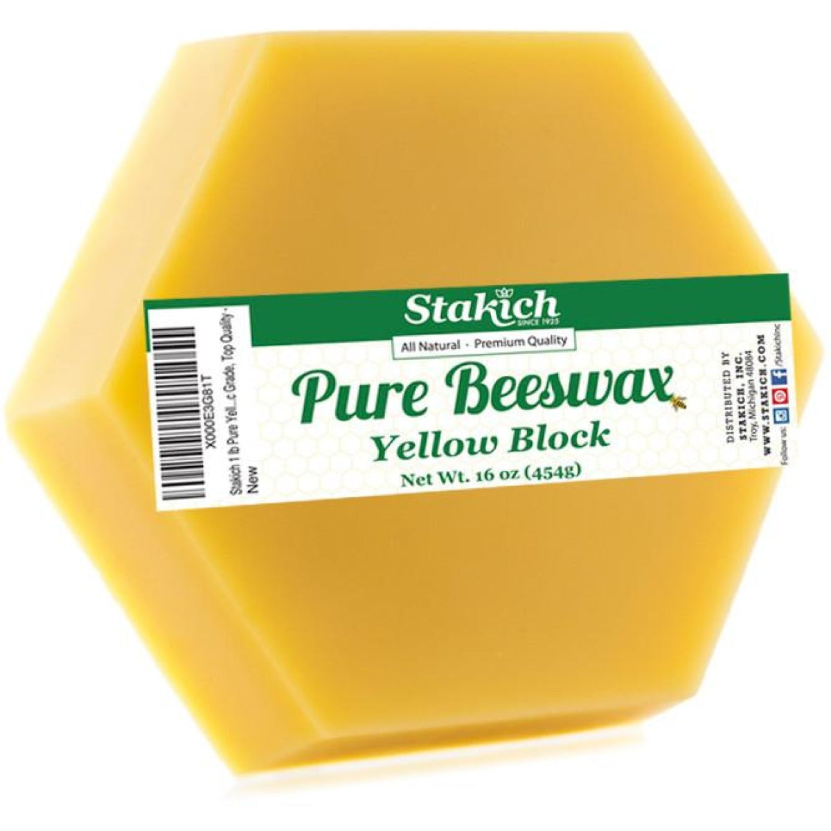 Stakich Pure Beeswax Block, Yellow - 1 lb (454 g) 