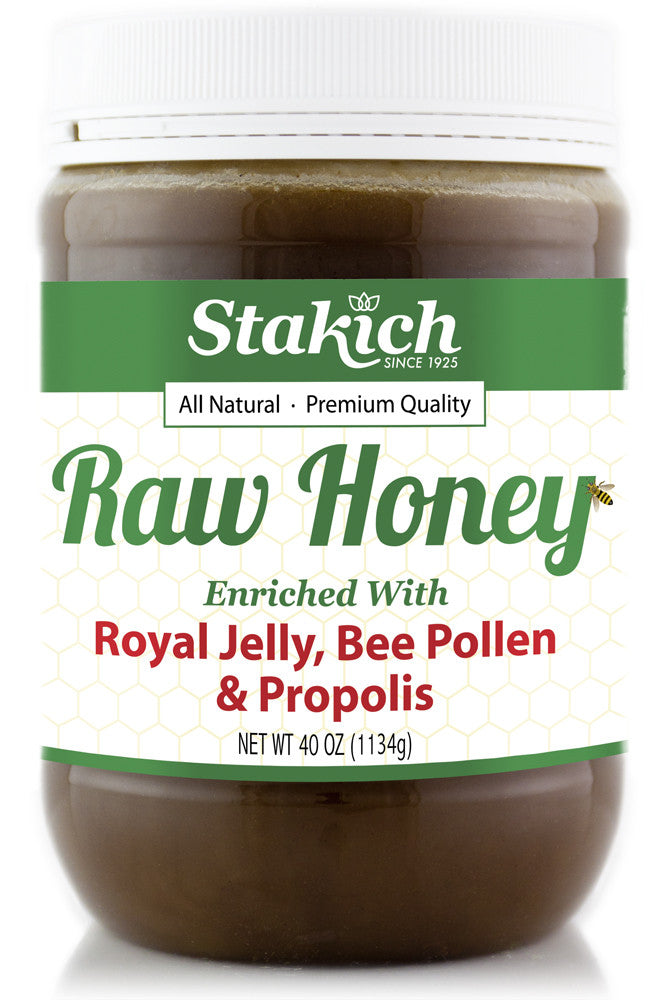 Case of Royal Jelly, Bee Pollen & Propolis Enriched Raw Honey (40 oz) - Stakich